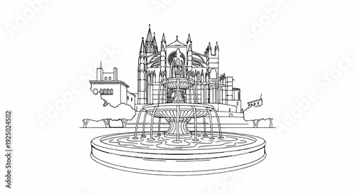 Ornate fountain in front of a grand cathedral under a bright sky