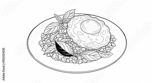 A simple line drawing of a plate of food featuring a fried egg over rice and basil