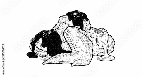 Black and white ink illustration of chicken wings with dark sauce and sesame seeds