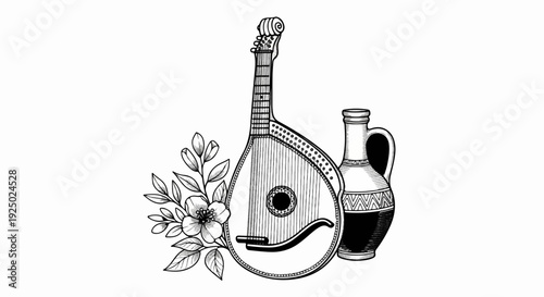 Black and white illustration of a stringed instrument and a jug
