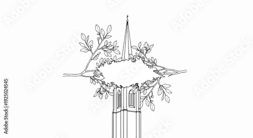 Ornate gothic tower framed by delicate leafy branches in a symmetrical design