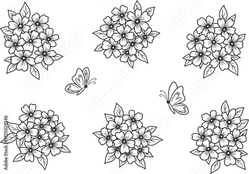 Delicate hand drawn floral bouquets and butterflies illustration
