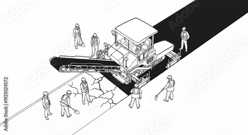 Workers and machinery pave a new road surface over cracked ground