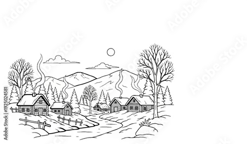 Winter village nestled among snowy mountains with smoke rising from chimneys
