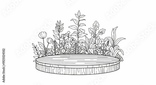 Rustic wooden platform adorned with a variety of blooming flowers and lush foliage