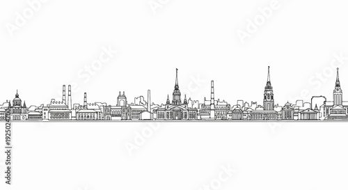 Black and white line art panorama of a city skyline with varied architecture and smokestacks