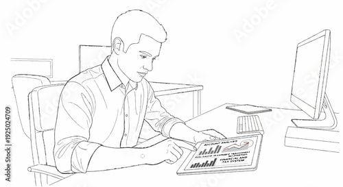 Businessman at desk with computer, tablet, and chart analysis