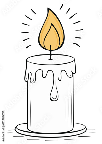 Burning candle illustration with yellow flame and melting wax in cartoon style