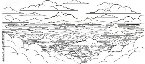 Stylized aerial view of a vast landscape with layered clouds, mountains, and fields