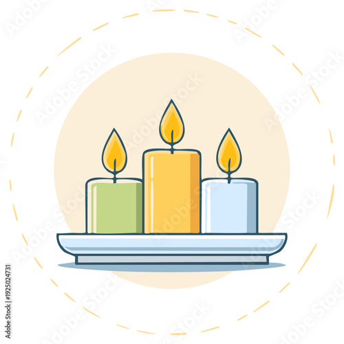 Three colorful lit candles on a holder, a simple flat line art icon