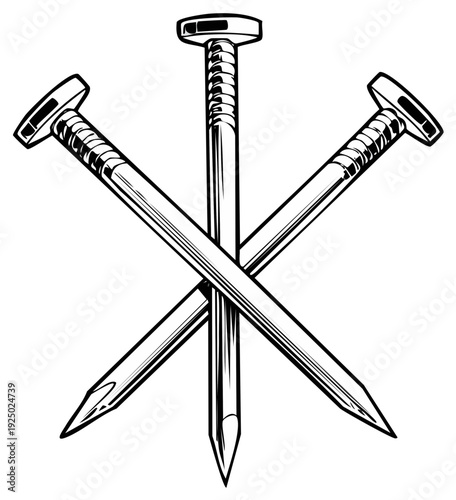 Christian symbol of three crossed crucifixion nails in a black and white line art illustration