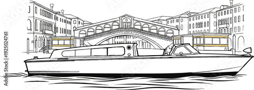 Sketch of a sleek boat on water, with a famous arched bridge and buildings