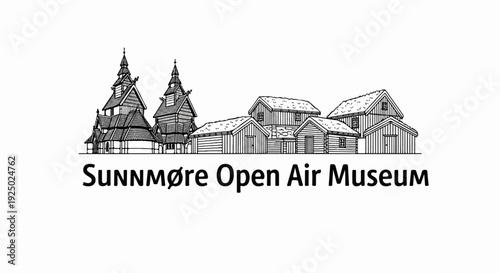 Sketch of historic wooden buildings and a church