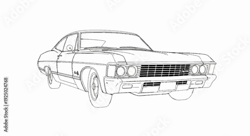 Black and white sketch of a classic two-door sedan viewed from the front-left