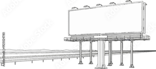 Blank billboard on stilts alongside a highway with distant hills