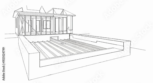 Wireframe drawing of a house foundation with visible framing and floor joists