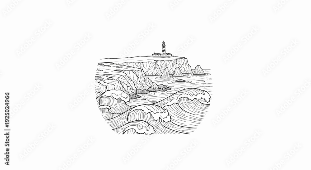 Fototapeta premium Stylized black and white drawing of a coastal scene with a lighthouse on a cliff