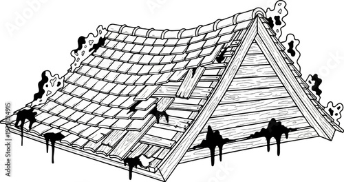 A damaged roof with missing shingles and visible wood underneath