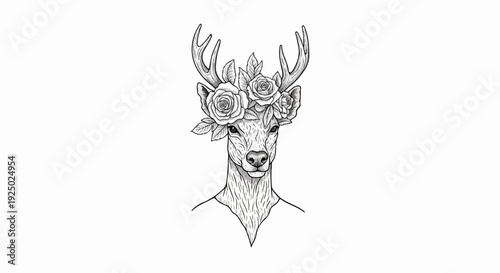 Stylized deer head adorned with a floral crown, detailed linework