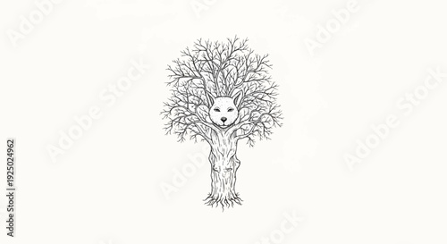 A detailed ink drawing of a stylized wolf face emerging from a bare, intricately branched tree trunk