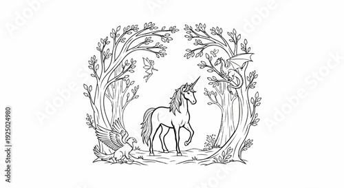 Enchanted forest scene with unicorn, dragon, griffin, and fairy