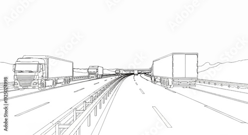 A linear sketch of trucks driving on a highway with a bridge ahead