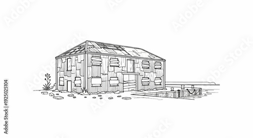 Dilapidated shack with boarded windows sits near water's edge with a dock