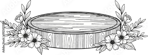 A rustic wood slice with blooming flowers and leaves forms a decorative border