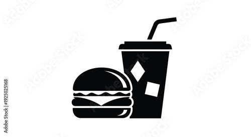 Simple black and white vector graphic illustration depicting a classic fast food combination of a cheeseburger next to a cold soda cup with a straw