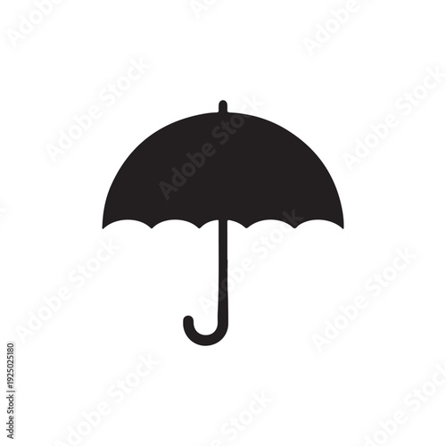 Black umbrella icon with curved handle and scalloped edge canopy on white background