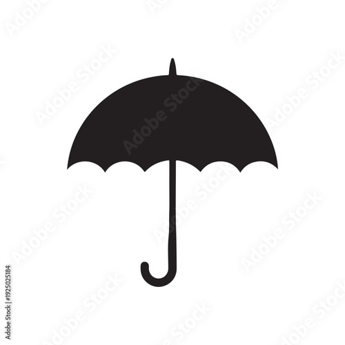 Black umbrella icon with curved handle and pointed tip on white background