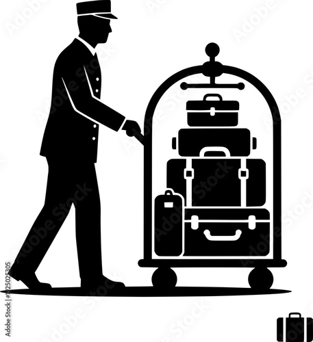 Hotel bellhop silhouette pushing a luggage cart with suitcases. Professional bellboy in uniform providing concierge service. Vector illustration of travel, hospitality, and luxury hotel service.