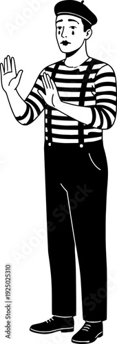 Male mime artist performing in traditional striped shirt and beret. French pantomime character gesturing with hands in a black and white line art style. Conceptual vector of silent communication