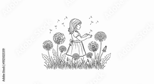 Young girl with outstretched hands among dandelions blowing seeds in breeze