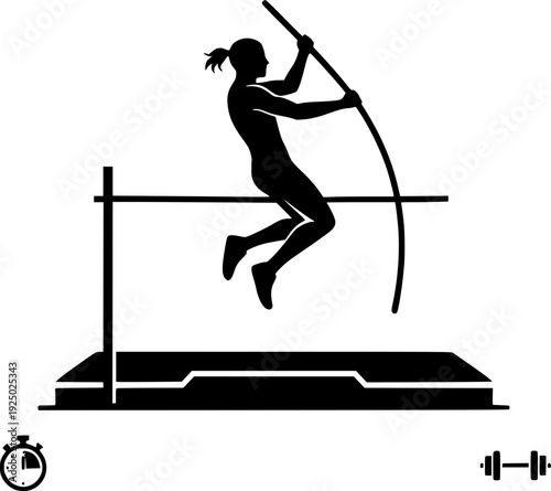 Female athlete performing a pole vault jump. Silhouette of a professional track and field sportswoman jumping over a bar. Vector illustration of athletics, competition, and fitness concept.