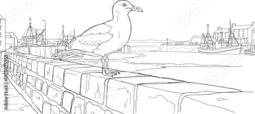 A single seagull stands perched on a stone wall overlooking a harbor with boats