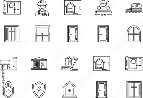 Construction Worker, Blueprint, House Plan, Door, Window and Building Security Line Icon Set for Architecture and Real Estate Design