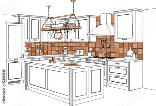 A sketch of a modern kitchen with an island, cabinetry, and appliances