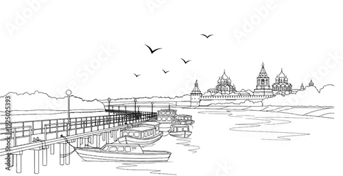 Waterfront scene with boats docked at a pier, birds flying overhead, and a distant cityscape