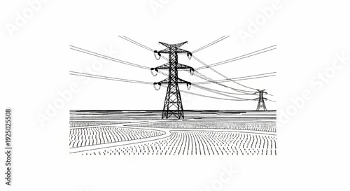 Stark power towers dominate a rural landscape of contoured fields