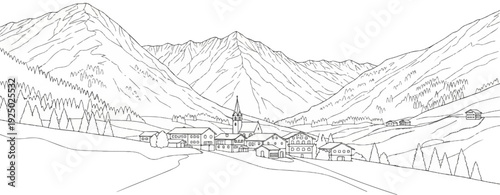 Sketch of a village nestled in a valley with a towering mountain range