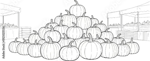 Stack of pumpkins at a market stand, with tents and crates