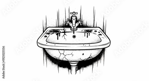 A cracked and stained ceramic sink with a dripping faucet