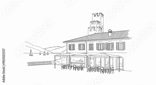 Sketch of waterfront building with tower, outdoor seating, and sailboats on water