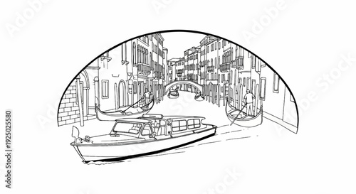 Sketch of a canal with boats, buildings and a bridge