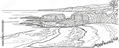 Sketch of a rocky coastline with ocean, layered cliffs, and sandy beach