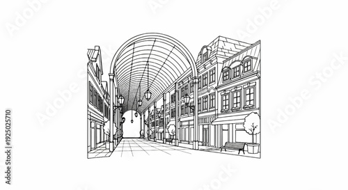Architectural drawing of an arcaded street with buildings and benches