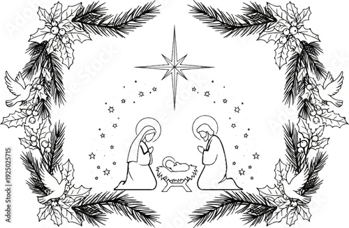 A monochromatic drawing of a nativity scene surrounded by holly and pine
