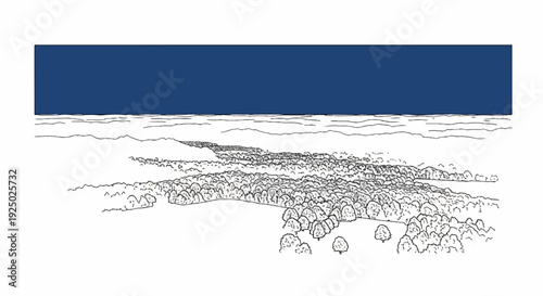 A minimalist black and white sketch of a vast landscape under a dark blue sky