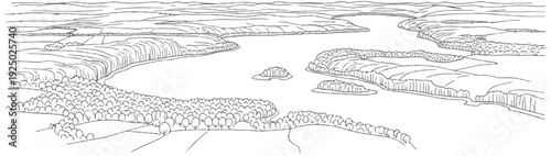 Aerial sketch of a winding river, wooded hills, and undulating fields